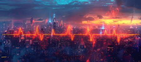 A pulsating heartbeat line cuts through the city, resembling a vibrant purple cloud in the sky. The atmospheric landscape is illuminated by automotive lighting, creating a violet hue on the horizonの素材