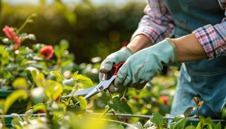 A person is happily cutting a plant with scissors in a beautiful natural landscape. The gesture of the thumb is precise as they work in the grassy meadow filled with flowersの素材