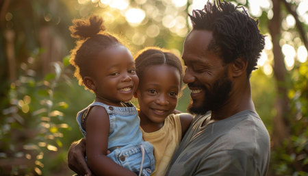 The man is smiling while holding two happy toddlers in his arms, surrounded by lush green grass. They are enjoying a fun and leisurely time together in nature, sharing moments of joy and laughterの素材