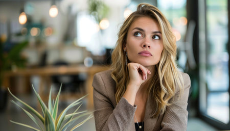 a woman is sitting at a table with her hand on her chin and looking up. High qualityの素材