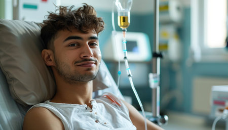 A young man is lying in a hospital room with an IV in his arm, but he still manages to smile and gesture happily. He dreams of traveling and sharing fun leisure activities when he recoversの素材