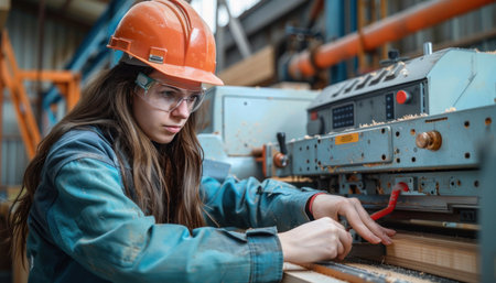 An engineer wearing a hard hat and safety glasses is operating a machine in an electric blue factory. She is decked out in proper workwear and personal protective equipmentの素材