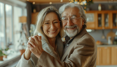 A man and a woman, both wearing formal wear, are dancing together in a kitchen. They are smiling and having fun, creating an artful and happy moment in their community eventの素材