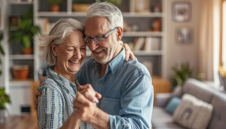 An elderly couple is smiling and dancing together in the living room of their house, surrounded by plants, picture frames on the shelf, and happy gesturesの素材