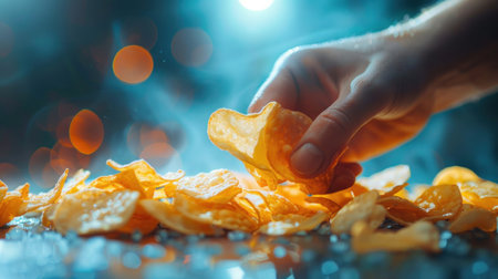As the person reached for a potato chip in the pile, their fingers created a cloud of electric blue dust. The gesture was delicate, like a petal floating in the skyの素材