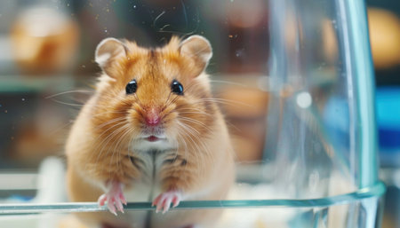A fawncolored rodent with whiskers and a snout exploring its glass cage. Its fur glistens in the light as it drinks water, a fascinating display of science and terrestrial animal behaviorの素材
