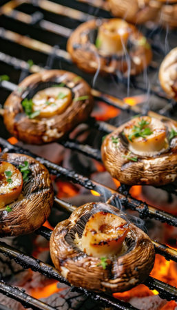 Mushrooms are being cooked on a grill over a fire, creating a savory dish perfect for a barbecue. This finger food is a delicious addition to any cuisineの素材