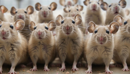 A herd of terrestrial animals with fur, resembling livestock, including Felidae species such as big cats, are gathered on grass, looking at the camera in a wildlife eventの素材