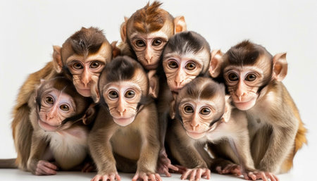A group of baby primates named Temple, Iris, Fawn, Liver, and Snout are sitting happily next to each other on a white background, resembling a pack of companion dogsの素材