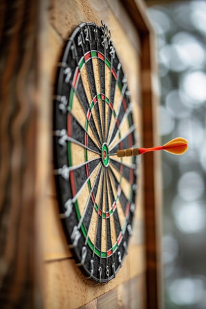 A wooden dartboard with a dart perfectly hitting the bullseye in the center. This recreation activity involves precision and symmetry in aiming at the targetの素材