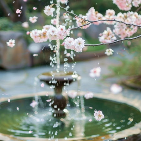A water feature with flowers spouting from it, accompanied by a tree in the backgroundの素材