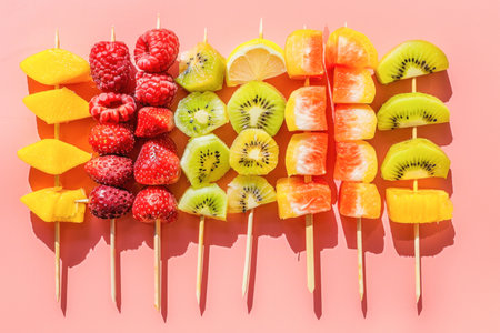 Colorful fruits on skewers against a pink backdrop are ideal for creating an attractive dish that is visually appealingの素材