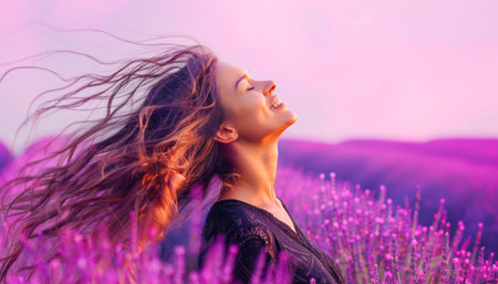 A woman in a field of purple flowers, her hair blowing in the wind, appearing serene and connected to natureの素材