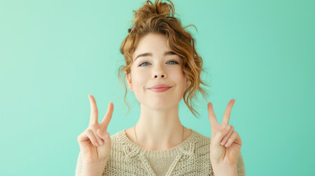 A cheerful woman is smiling and making a peace sign her features include mouth, smile, neck, jaw, and eyelashesの素材