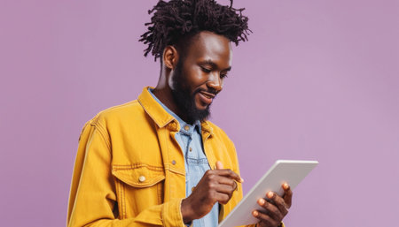 A man wearing a yellow jacket is seen using a tablet as he interacts with technology during an eventの素材