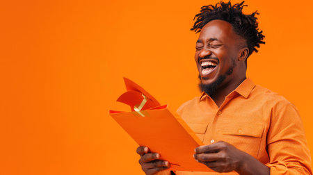 A man in orange holds a folder, laughing. Keywords Smile, Musician, Music, Entertainment, Fun, Happy Facial hairの素材