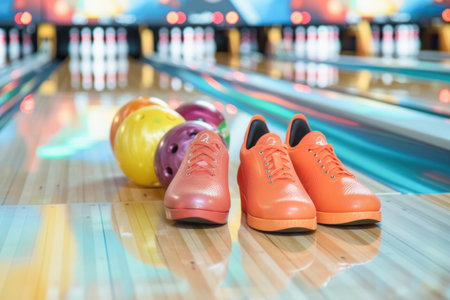 A typical tenpin bowling scene with bowling shoes and balls arranged on an alley, capturing the essence of the sportの素材