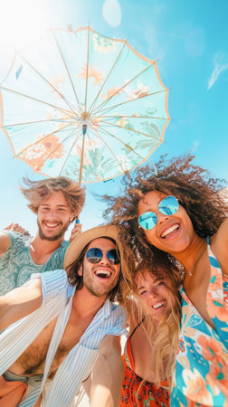 A group of young people with umbrellas stand on the beach, looking happy and carefree under the sunny skyの素材