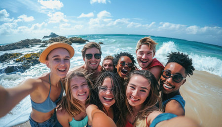 A group of happy young people are smiling and taking a selfie by the water on the beach under a cloudy skyの素材