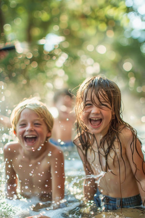 A boy and a girl play happily in the water, laughing and smiling together under the sun on a warm dayの素材