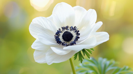Closeup of a white flower with a black center in focus, showing its beauty and delicate featuresの素材