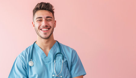 A male healthcare worker wearing cheerful blue scrubs and a stethoscope smiles warmly in the pictureの素材