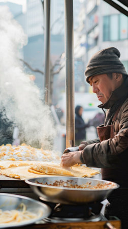 A man wearing a cap is cooking outside on a stove, preparing a meal with various tableware and cookwareの素材