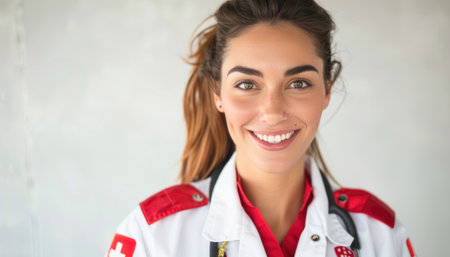 The woman is wearing a white coat and red shirt with a stethoscope around her neck, smiling happilyの素材