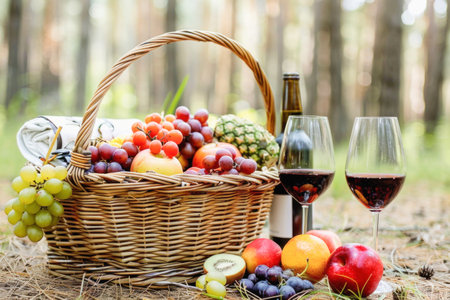A picnic basket filled with an assortment of fruits and two glasses of wine placed on the grass under the sunの素材