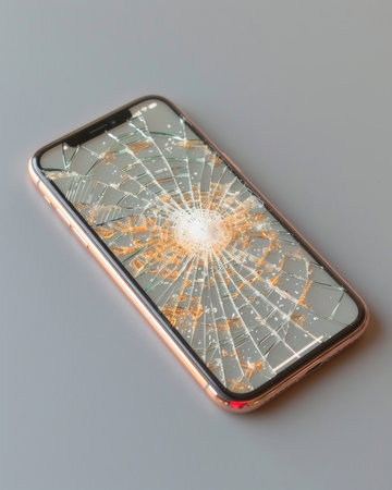 Damaged cell phone screen on table. Keywords Mobile phone, Communications device, Gadget, Smartphone, Rectangleの素材