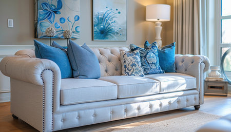The living room features a white couch adorned with blue pillows, creating a comfortable and stylish atmosphereの素材