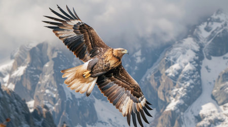 A majestic bald eagle flies over a mountain backdrop, showcasing its impressive wingspan in a stunning sceneの素材
