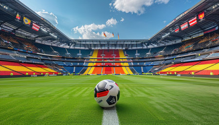 A soccer ball on a field with players under the sky, on the grass, creating a leisure scene for fans in the stadiumの素材