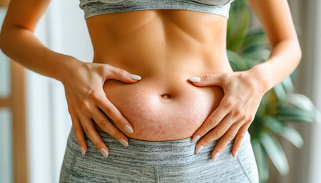 Hands on her stomach, the girl thought about weightの素材