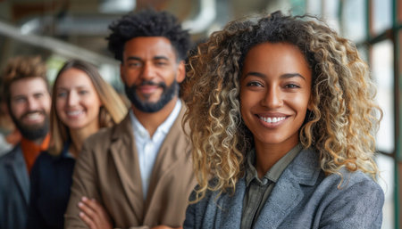A cheerful group is smiling and posing for a photo, showcasing their various hairstyles and expressionsの素材