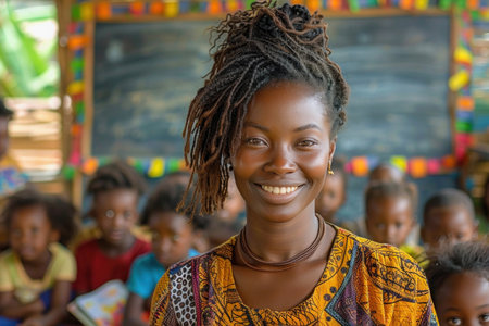 A woman is smiling in front of children in a classroom, capturing a joyful moment of interaction and learningの素材