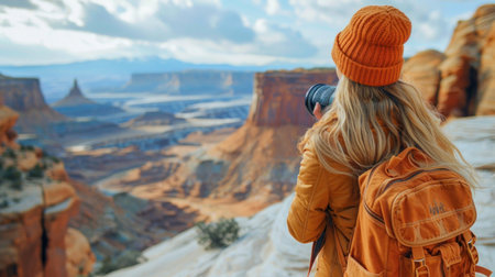 Man in orange jacket with backpack filming canyonの素材