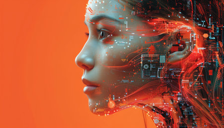 The camera focuses closely on a womans face, with a computer screen in the background, capturing the intricate detailsの素材