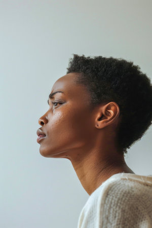 A close up of a womans features like nose, cheek, eyelash, jaw, ear, and black hair against a white wallの素材