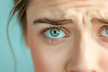 A detailed view of a womans serious facial expression, focusing on her eyes, jawline, and overall appearanceの素材