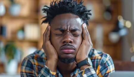 A man in distress sitting at a table, head in hands, exhibiting clear signs of distress, in a plaid dress shirtの素材