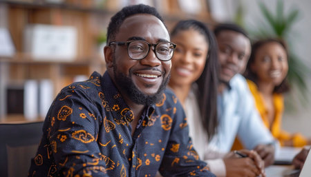 A diverse group of individuals sit at a table with a laptop, enjoying each others company and sharing smilesの素材