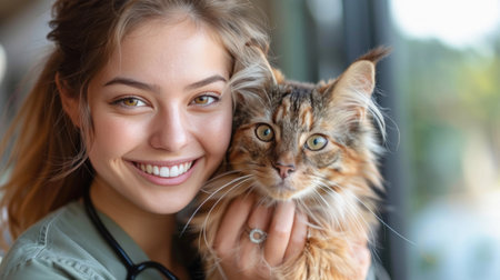 The woman is beaming with happiness while smiling and holding a cat with a coat resembling that of a youthful deerの素材