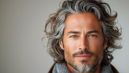 The man, with his long gray hair and beard, gazes directly at the camera, exuding a sense of calmness and wisdomの素材