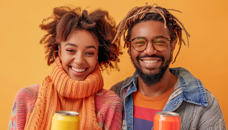 In front of an orange backdrop, a man and a woman are smiling, posing for a photo together with joyful expressionsの素材