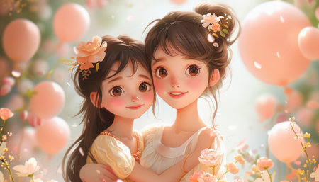 A mother and daughter stand together before balloons and flowers, smiling and sharing a joyful momentの素材