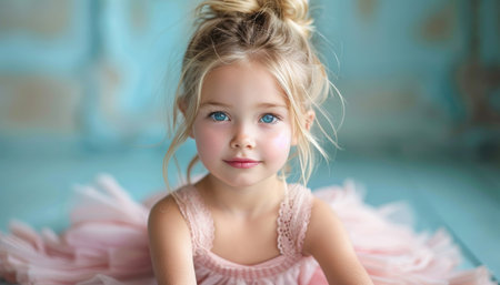 A cheerful toddler in a pink dress sitting on a wooden floor, her shining blonde hair setting off her joyful expressionの素材