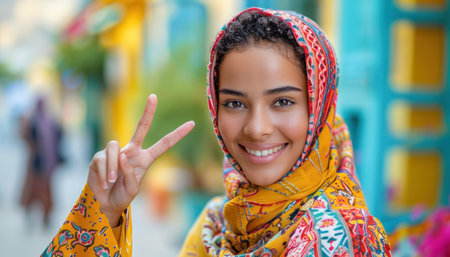 A woman in a hijab smiling and making a peace gesture, wearing beautiful jewelry and a fashionable accessoryの素材
