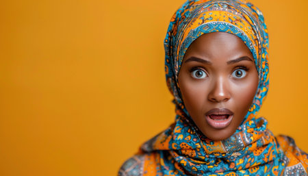 The image shows a woman in a hijab looking surprised, with keywords like eye, orange, happy, fashion design, and moreの素材