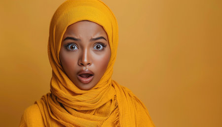 The woman in the yellow hijab appears surprised, her expression showing fascination or astonishmentの素材